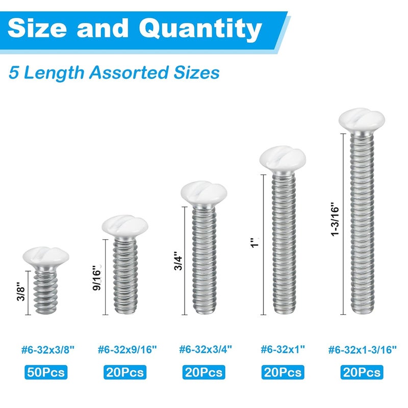 Yinpecly 120 PCS White Wall Plate Screws Kit, White Outlet Screws 6-32 Thread Electrical Cover Panel Switch Plate Screws 5 Length Sizes (3/8", 9/16", 3/4", 1", 1-3/16") - Image 2